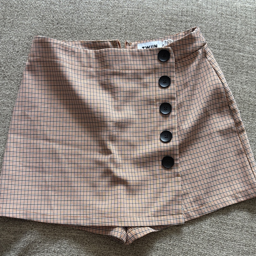 Women Mini Skirt in Tan Checkered Pattern